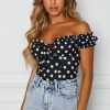 The Best Women Summer Casual Off Shoulder Ruffles Trim V Neck Bowknot Tank Dot Print Vest Puff Sleeve Sleeveless Crop Tops Tee Online - Hplify