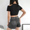 The Best Women Summer Casual Off Shoulder Tank Top Blouse Short Sleeve Crew Neck Chain Slim Fit Stretch Crop Tops Online - Hplify