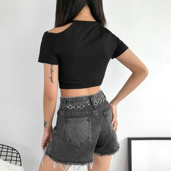 The Best Women Summer Casual Off Shoulder Tank Top Blouse Short Sleeve Crew Neck Chain Slim Fit Stretch Crop Tops Online - Hplify