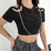 The Best Women Summer Casual Off Shoulder Tank Top Blouse Short Sleeve Crew Neck Chain Slim Fit Stretch Crop Tops Online - Hplify