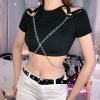 The Best Women Summer Casual Off Shoulder Tank Top Blouse Short Sleeve Crew Neck Chain Slim Fit Stretch Crop Tops Online - Hplify