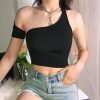The Best Women Summer Casual One Shoulder Crop Top Short Sleeve Slim Irregular Vest Tank Tops Camisole Blouse Clubwear Tee Online - Hplify