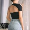 The Best Women Summer Casual One Shoulder Crop Top Short Sleeve Slim Irregular Vest Tank Tops Camisole Blouse Clubwear Tee Online - Hplify