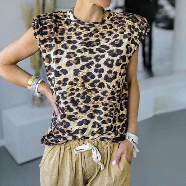 Women Summer Clothes Casual Round Neck Leopard Printed Sleeveless Women Tshirt Summer Tops and Shirt - Hplify