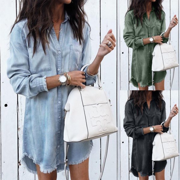 The Best Women Summer Denim Jeans Button Baggy Tunic Blouse Top Fashion Ladies Long Sleeve Casual V-Neck Shirts Tee HOT Online - Hplify