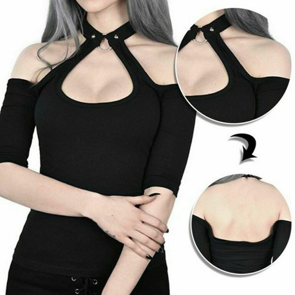 The Best Women Summer Gothic Tops Ladies Casual Off Shoulder Halter Neck Slim Chain Punk Crop Vest Tops Hot Online - Hplify