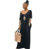 The Best Women Summer Holiday Short Sleeve Baggy Off Shoulder Kaftan Maxi Oversized Dress Solid Casual Pocket Sundress Online - Hplify
