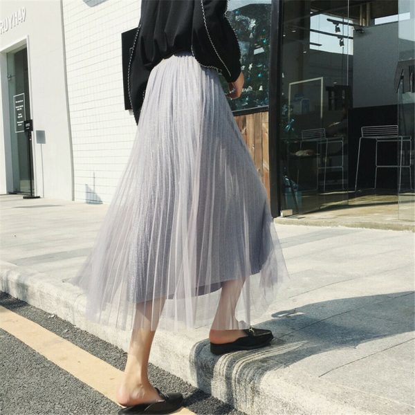 The Best Women Summer Lace Pleated Skirt OL Ladies Fashion Elastic Waist Knee Length Solid Casual Long Swing Skirt Hot Online - Hplify