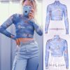 The Best Women Summer Long Sleeve Mesh Perspective Turtleneck Crop Tops Printed Fashion Ladies Casual Shirt Blouse Online - Hplify