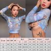 The Best Women Summer Long Sleeve Mesh Perspective Turtleneck Crop Tops Printed Fashion Ladies Casual Shirt Blouse Online - Hplify