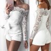 The Best Women Summer Off Shoulder Sexy Playsuits Fashion Ladies Long Sleeve Sheer Lace Patchwork Hollow Bandage Skinny Playsuits Online - Hplify