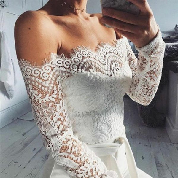 The Best Women Summer Off Shoulder Sexy Playsuits Fashion Ladies Long Sleeve Sheer Lace Patchwork Hollow Bandage Skinny Playsuits Online - Hplify