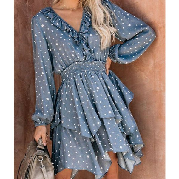 The Best Women Summer Polka Dot Long Sleeve V-Neck Maxi Dress Fashion Boho Holiday Beach Pierced Ruffled Asymmetrical Dress Sundress Online - Hplify