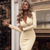 The Best Women Summer Sexy Long Sleeve Low Collar V-Neck Dress Bandage Bodycon High Waist Dress Fashion New Slim Solid Short Pencil Dress Online - Hplify