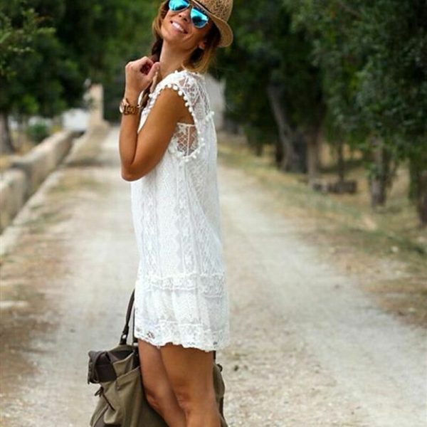 The Best Women Summer Short Mini Dress Lace Chiffon Dress Ladies Fashion Floral Sleeveless Holiday Beach Sundress New Solid Casual Dress Online - Hplify