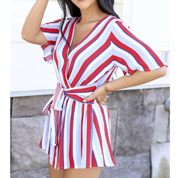The Best Women Summer Short Mini Dress Ladies Casual Beachwear Short Sleeve V-Neck Striped Casual Chiffon Sundress Online - Hplify