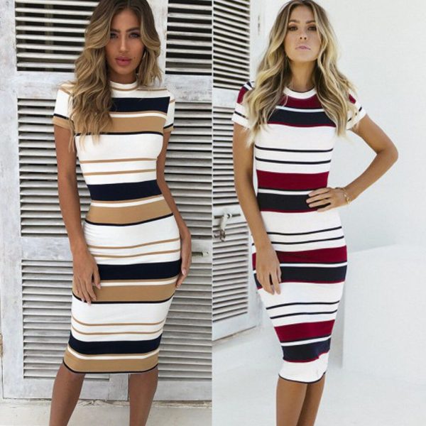 The Best Women Summer Stripe Bodycon Dress Vestidos Short Sleeve Ladies Knee Length Dress Plain Jersey Stretch Basic Dress Online - Hplify