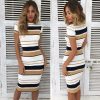 The Best Women Summer Stripe Bodycon Dress Vestidos Short Sleeve Ladies Knee Length Dress Plain Jersey Stretch Basic Dress Online - Hplify