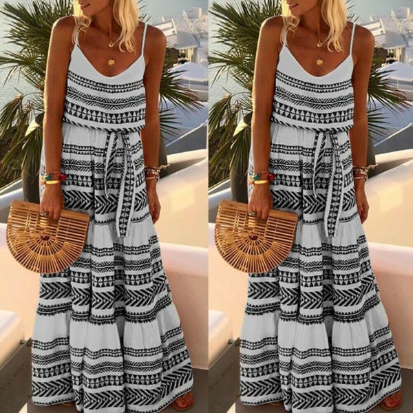 The Best Women Summer Stripe Boho Dress Backless Sleeveless Beachwear Fashion Ladies Holiday Beach High Waist Loose Sundress Online - Hplify