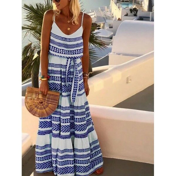 The Best Women Summer Stripe Boho Dress Backless Sleeveless Beachwear Fashion Ladies Holiday Beach High Waist Loose Sundress Online - Hplify