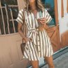 The Best Women Summer Striped V Neck Dress Casual Button Short Sleeve Loose Dress Fashion Women Clothes Mini Sundress Online - Hplify