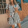 The Best Women Summer Striped V Neck Dress Casual Button Short Sleeve Loose Dress Fashion Women Clothes Mini Sundress Online - Hplify
