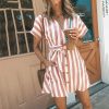 The Best Women Summer Striped V Neck Dress Casual Button Short Sleeve Loose Dress Fashion Women Clothes Mini Sundress Online - Hplify