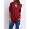 The Best Women Summer Tops V Collar Zipper Roll Up Shirt Long Sleeves Loose Shirt New Fashion Ladies Casual Tops T-Shirt Online - Hplify