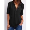 The Best Women Summer Tops V Collar Zipper Roll Up Shirt Long Sleeves Loose Shirt New Fashion Ladies Casual Tops T-Shirt Online - Hplify