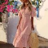 Women Sweet V Neck Hollow Out Single-Breasted Lace Long Dress Elegant Summer Beach Style Holiday Solid Streetwear Dress - Hplify
