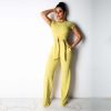 Women Two Piece Outfits Women O-Neck Short Sleeve Solid Summer T-shirt Casual Elastic Waist Ankle-Length Long Pants - Hplify