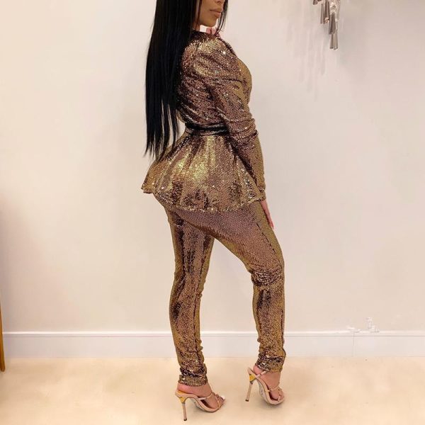 Women Two Piece Set Plus Size Office Ladies Sequined Autumn Two Piece Set Top and Pants Elegant Female Casual Business Suits - Hplify