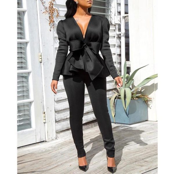 Women Two Pieces Set V-Neck Knotted Top & Skinny Pencil Pant Sets - Hplify