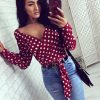 The Best Women V-Neck Fashion Summer Holiday Long Sleeve Tops Slimmer Fitting Shirt Ladies Casual Simple Sexy Polka Dot Tops Shirt Online - Hplify