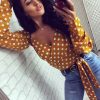 The Best Women V-Neck Fashion Summer Holiday Long Sleeve Tops Slimmer Fitting Shirt Ladies Casual Simple Sexy Polka Dot Tops Shirt Online - Hplify