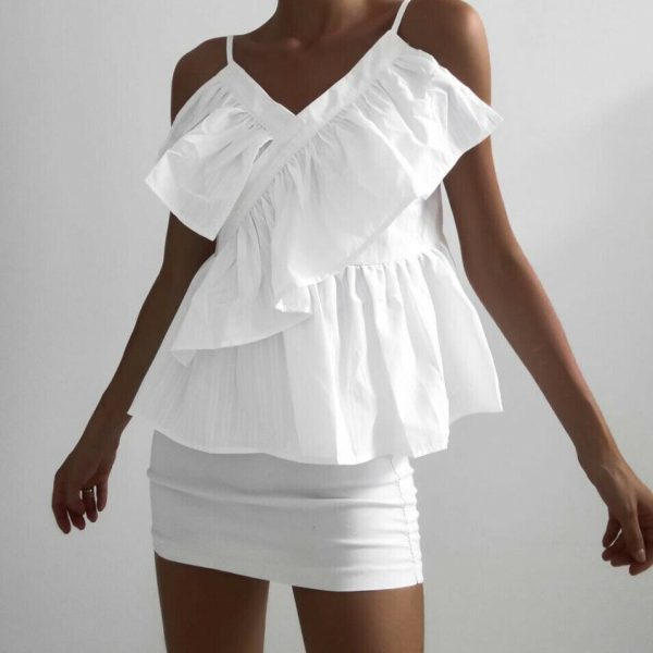 The Best Women V Neck Sling Striped Top Sleeveless Summer Ruffled Frill Slimmer Fashion Casual Holiday Beach Sun-Tops Camisole Online - Hplify