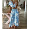 The Best Women V-neck Boho Floral Belted Maxi Dress Summer Ladies Casual Short Sleeve Party Beach Sundress Holiday Clothing Online - Hplify