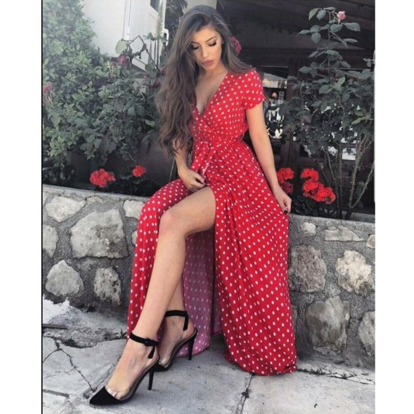 The Best Women Wrap Summer Boho Polka Dot Maxi Dress Casual Ladies Short Sleeve V Neck Holiday Beach Long Sundress Plus Size Online - Hplify