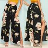 The Best Women's Floral Print Wide Leg High Elastic Waist Simmer Casual Cropped Pants Ladies Split Loose Beach Trousers Online - Hplify