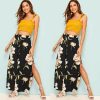 The Best Women's Floral Print Wide Leg High Elastic Waist Simmer Casual Cropped Pants Ladies Split Loose Beach Trousers Online - Hplify