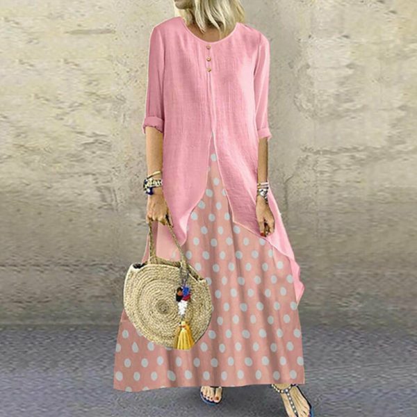 The Best Women's Holiday Loose Fake Two Ladies Summer Autumn Beach Long Sleeve Maxi Dresses Ladies Casual Polka Dot Sundress Online - Hplify