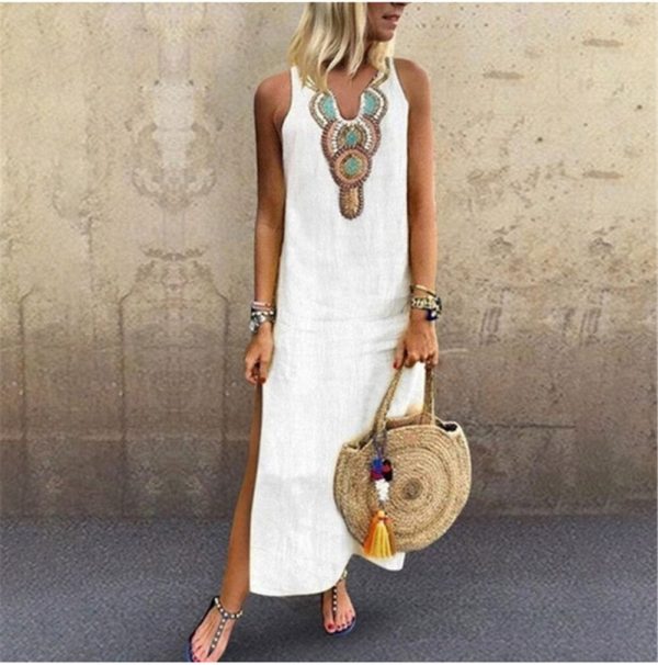 The Best Women's Maxi Beach Dress 2019 Fashion Ladies Sleeveless Casual Boho Floral Summer Holiday Long Loose Sundress Online - Hplify