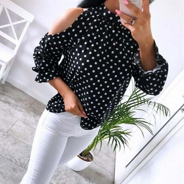 The Best Women's Ruffle Cold Shoulder Long Sleeve Polka Dot Crop Top Shirt Ladies Casual Party Loose Tops T-Shirt Top Online - Hplify