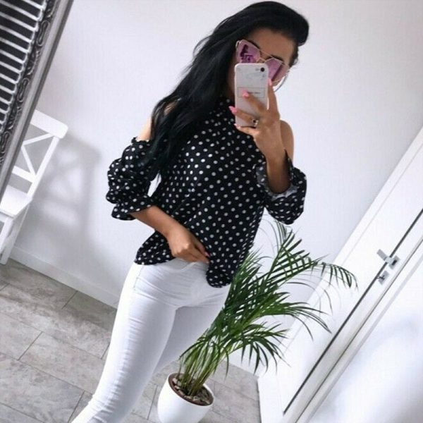 The Best Women's Ruffle Cold Shoulder Long Sleeve Polka Dot Crop Top Shirt Ladies Casual Party Loose Tops T-Shirt Top Online - Hplify