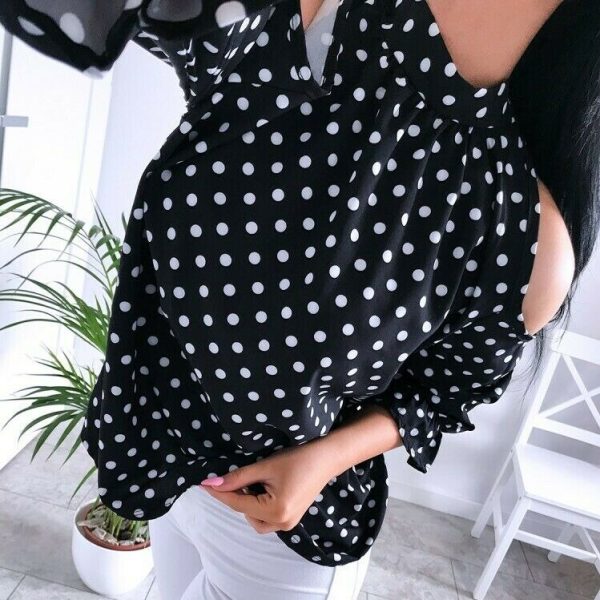 The Best Women's Ruffle Cold Shoulder Long Sleeve Polka Dot Crop Top Shirt Ladies Casual Party Loose Tops T-Shirt Top Online - Hplify