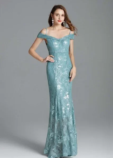 Alternative view of Women's Runway Dresses Spaghetti Straps Sexy Off the Shoulder Party Prom Embroidery Sequined Lace Fashion Long Dresses