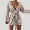The Best Women's Sequins Bodycon Jumpsuit Fashion Long Sleeve Party Bandage Deep V Neck Playsuit Shorts Romper Bodycon Trousers Online - Hplify