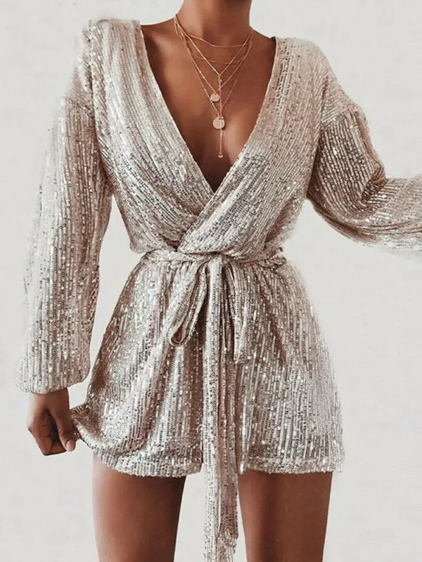 The Best Women's Sequins Bodycon Jumpsuit Fashion Long Sleeve Party Bandage Deep V Neck Playsuit Shorts Romper Bodycon Trousers Online - Hplify