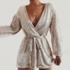 The Best Women's Sequins Bodycon Jumpsuit Fashion Long Sleeve Party Bandage Deep V Neck Playsuit Shorts Romper Bodycon Trousers Online - Hplify