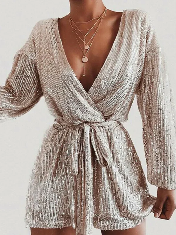 The Best Women's Sequins Bodycon Jumpsuit Fashion Long Sleeve Party Bandage Deep V Neck Playsuit Shorts Romper Bodycon Trousers Online - Hplify